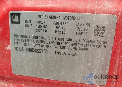 2012 Chevrolet Sonic 2Ls из США, поврежденный, VIN 1G1JA5SH8C4227430